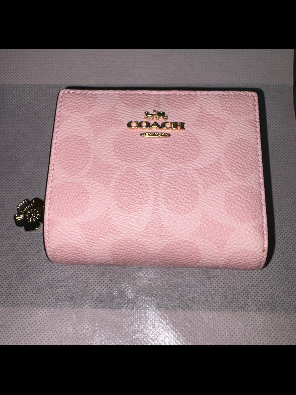 Coach Pink Signature Compact Zip Wallet with Floral Charm Powder Pink Collection